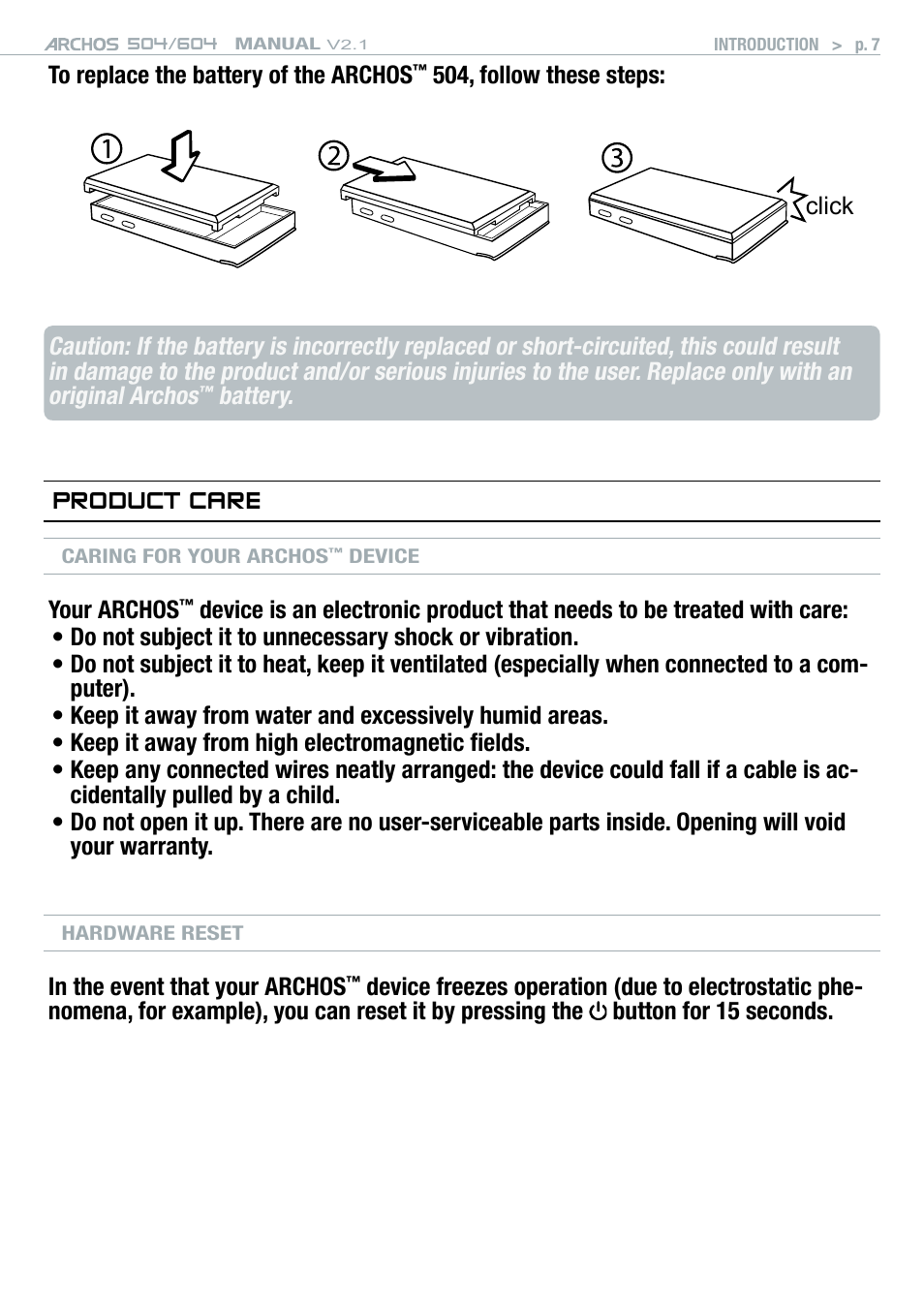 Product care, Battery | ARCHOS Version 2.1 User Manual | Page 7 / 59
