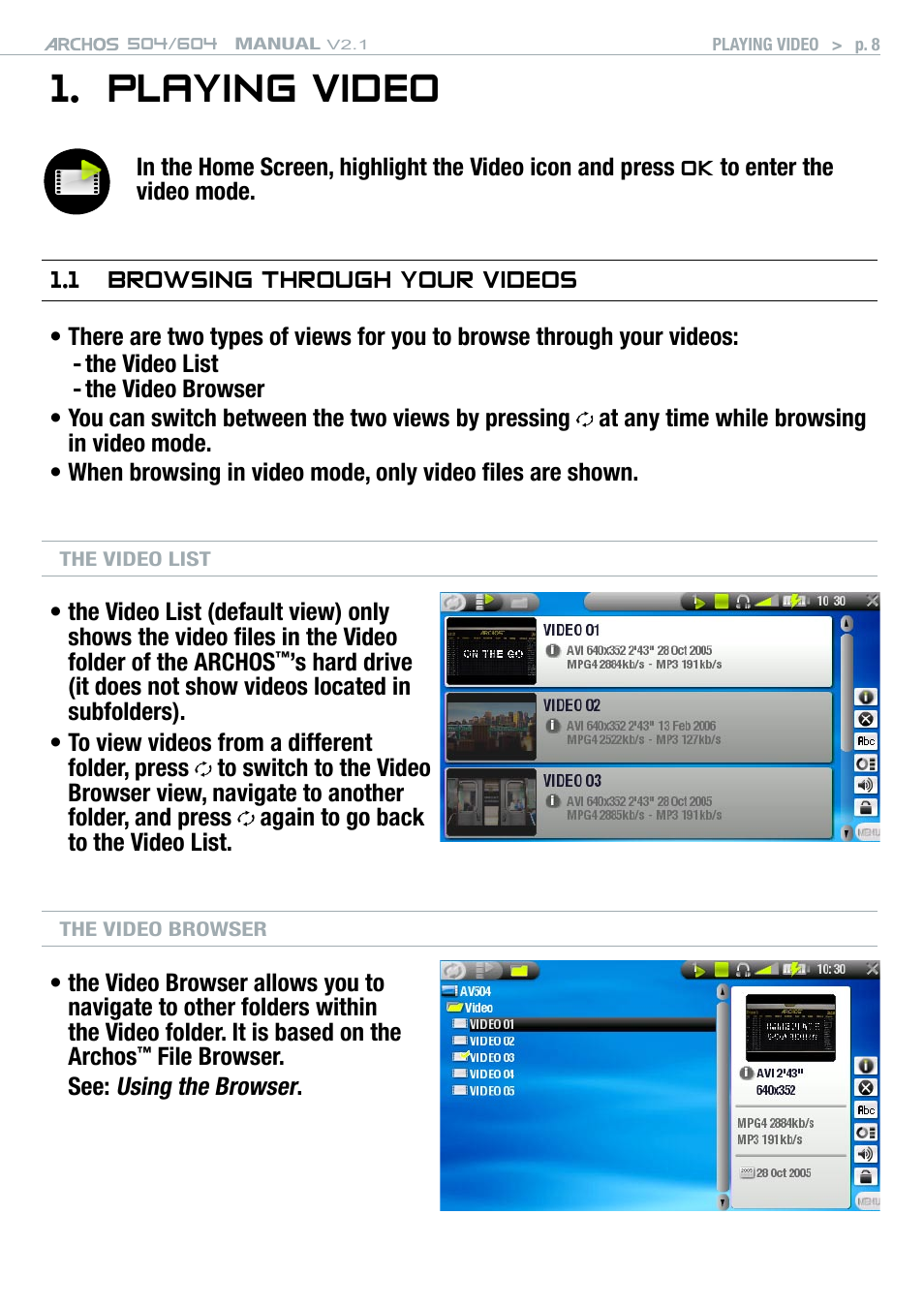 Playing video, 1 browsing through your videos | ARCHOS Version 2.1 User Manual | Page 8 / 59