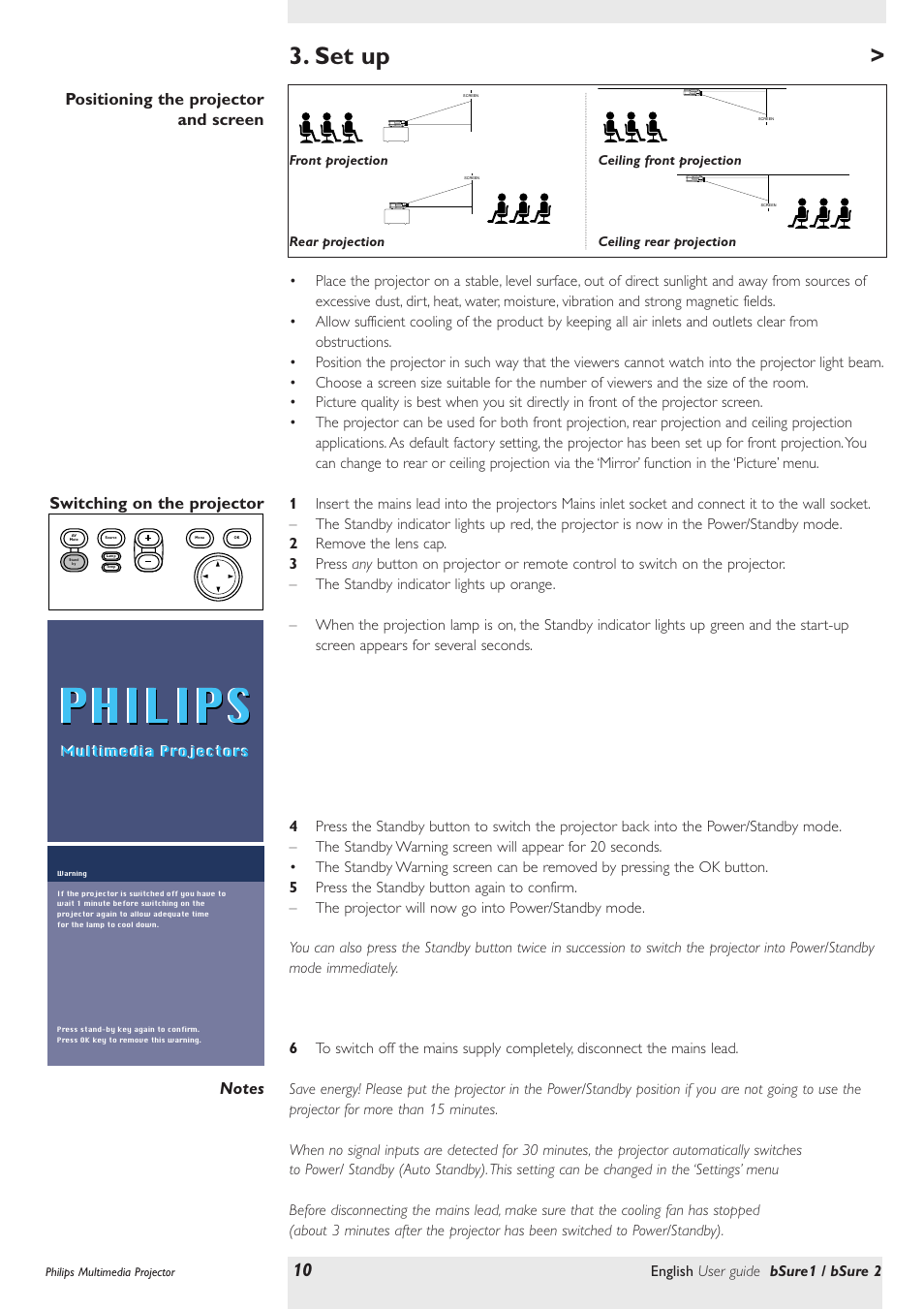 Set up, Positioning the projector and screen, Switching on the projector | Philips | Philips bSure XG1 LCD Projector User Manual | Page 10 / 34