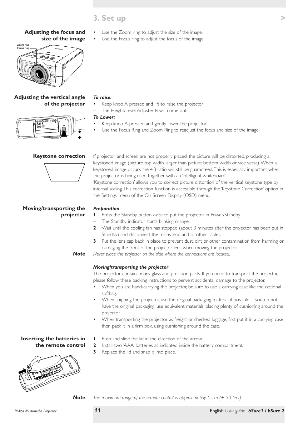 Adjusting the focus and size of the image, Adjusting the vertical angle of the projector, Keystone correction | Moving/transporting the projector, Preparation, Inserting the batteries in the remote control, Set up | Philips bSure XG1 LCD Projector User Manual | Page 11 / 34