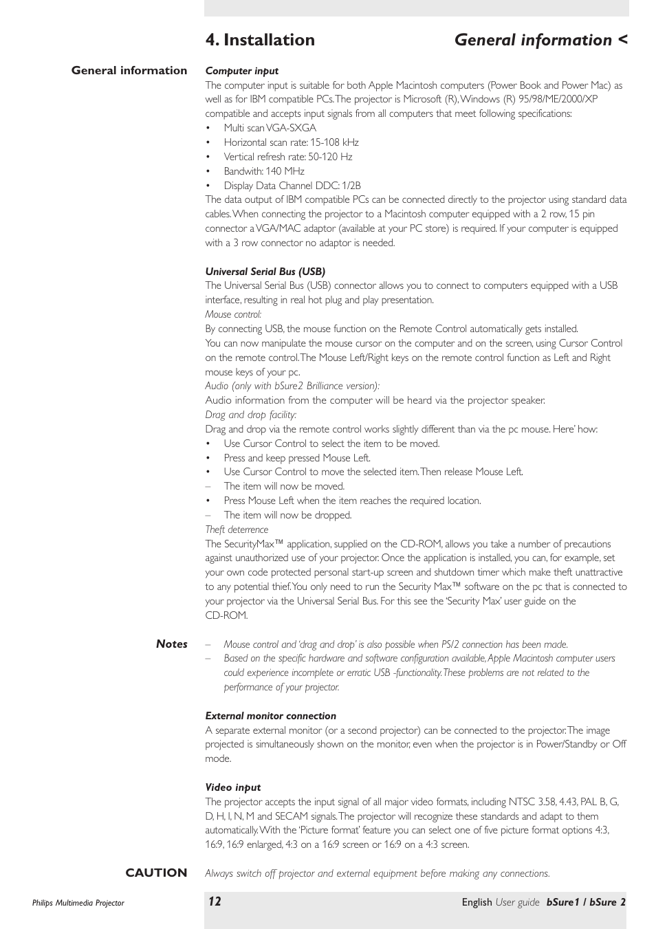 Installation, General information, Computer input | Universal serial bus usb, External monitor connection, Video input, Installation < general information | Philips bSure XG1 LCD Projector User Manual | Page 12 / 34