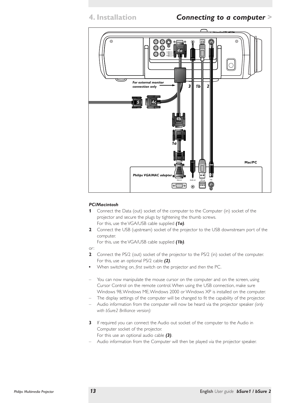 Connecting to a computer, Pc/macintosh, Installation | English user guide bsure1 / bsure 2, 4b 4a 4a | Philips bSure XG1 LCD Projector User Manual | Page 13 / 34