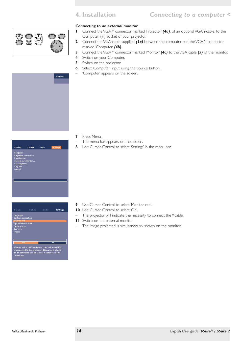 Connecting to an external monitor, Installation, Connecting to a computer | English user guide bsure1 / bsure 2 | Philips bSure XG1 LCD Projector User Manual | Page 14 / 34