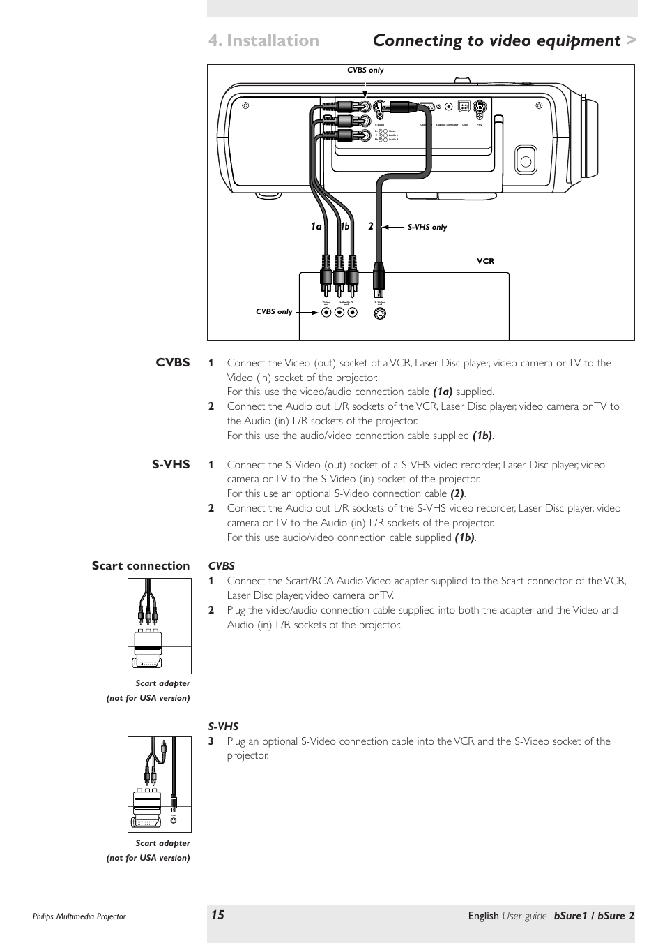 Connecting to video equipment, Cvbs, S-vhs | Scart connection, Installation, Cvbs s-vhs scart connection, English user guide bsure1 / bsure 2, 1a 2, Cvbs only | Philips bSure XG1 LCD Projector User Manual | Page 15 / 34