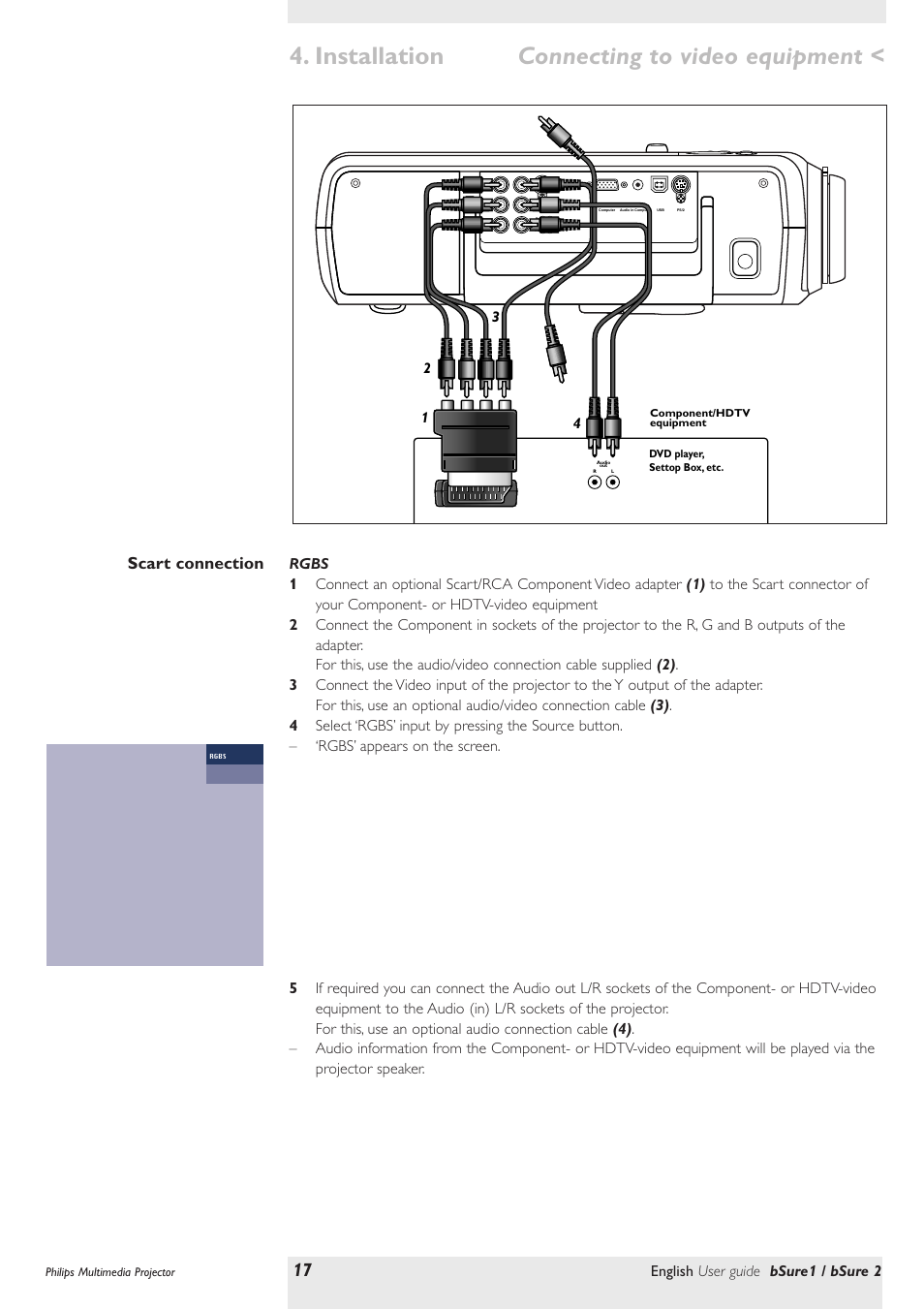 Scart connection, Installation, Connecting to video equipment | English user guide bsure1 / bsure 2 | Philips bSure XG1 LCD Projector User Manual | Page 17 / 34