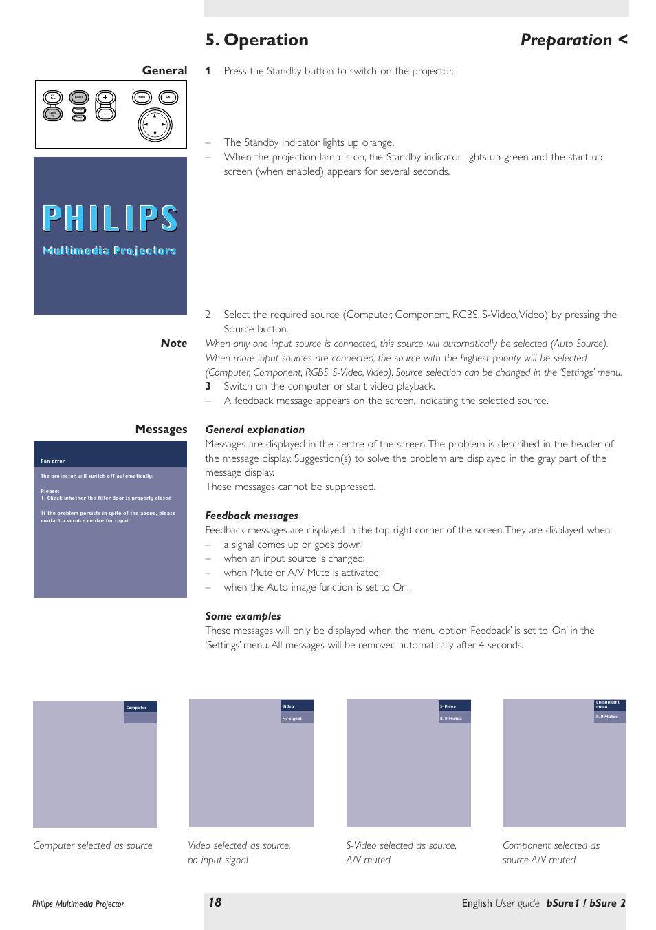 Operation, Preparation, General | Messages, General explanation, Feedback messages, Some examples, Philips | Philips bSure XG1 LCD Projector User Manual | Page 18 / 34