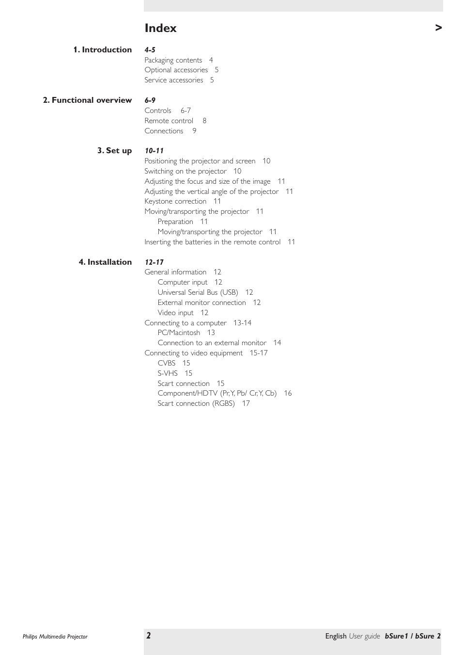 Index | Philips bSure XG1 LCD Projector User Manual | Page 2 / 34