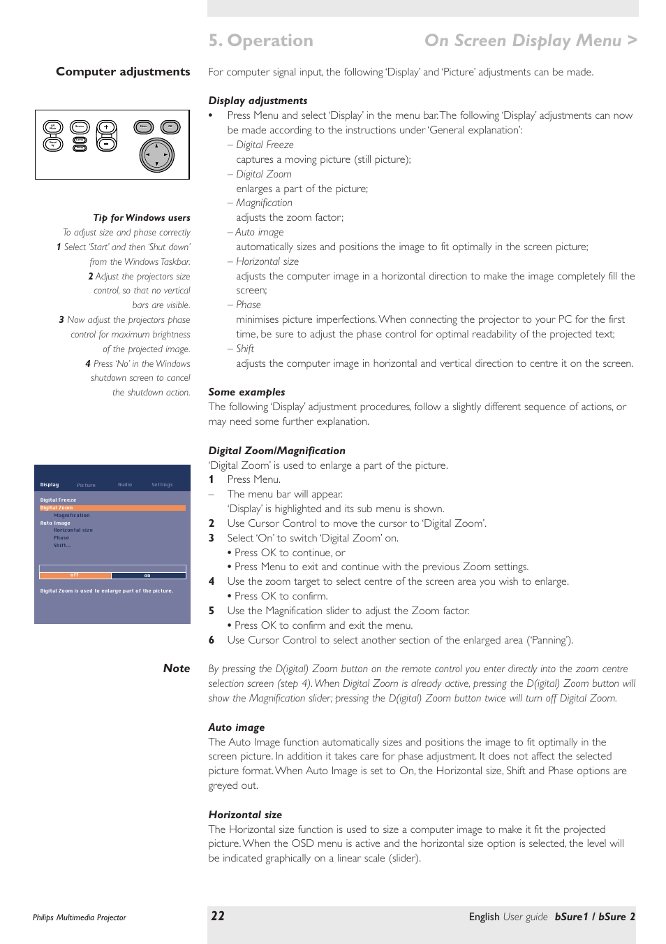 Computer adjustments, Display adjustments, Some examples | Digital zoom/magnification, Auto image, Horizontal size, Operation, On screen display menu, English user guide bsure1 / bsure 2 | Philips bSure XG1 LCD Projector User Manual | Page 22 / 34