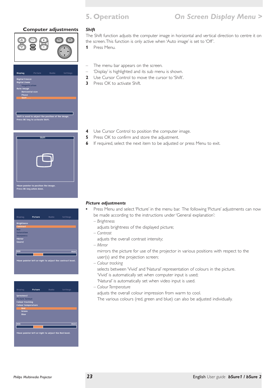 Shift, Picture adjustments, Operation | On screen display menu, Computer adjustments, English user guide bsure1 / bsure 2 | Philips bSure XG1 LCD Projector User Manual | Page 23 / 34