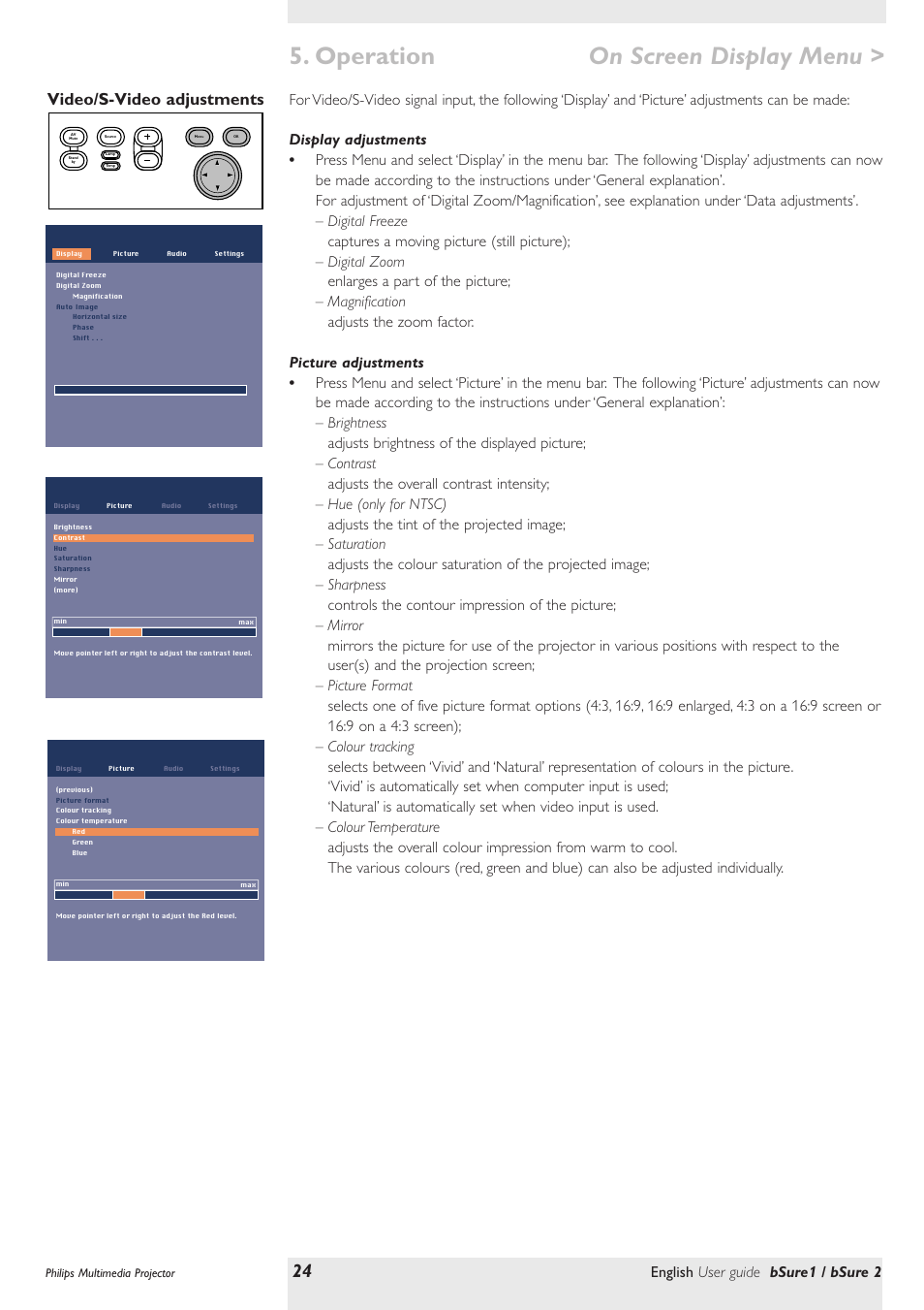 Video/s-video adjustments, Display adjustments, Picture adjustments | Operation, On screen display menu, English user guide bsure1 / bsure 2 | Philips bSure XG1 LCD Projector User Manual | Page 24 / 34