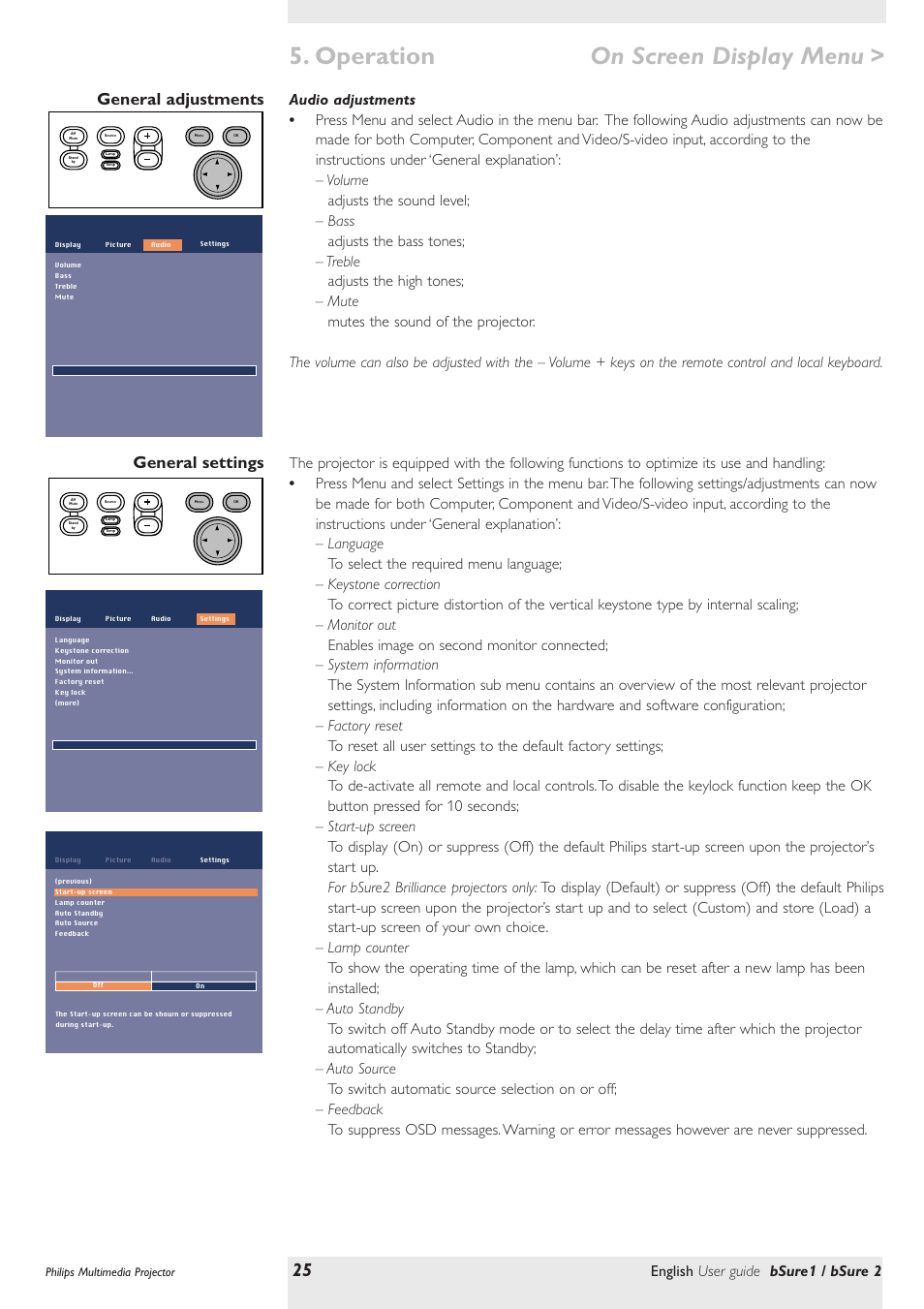 General adjustments, Audio adjustments, General settings | Operation, On screen display menu, English user guide bsure1 / bsure 2 | Philips bSure XG1 LCD Projector User Manual | Page 25 / 34