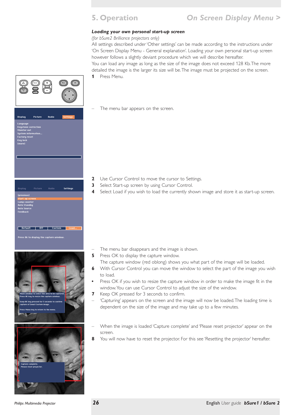 Loading your own personal start-up screen, Operation on screen display menu, English user guide bsure1 / bsure 2 | Philips bSure XG1 LCD Projector User Manual | Page 26 / 34