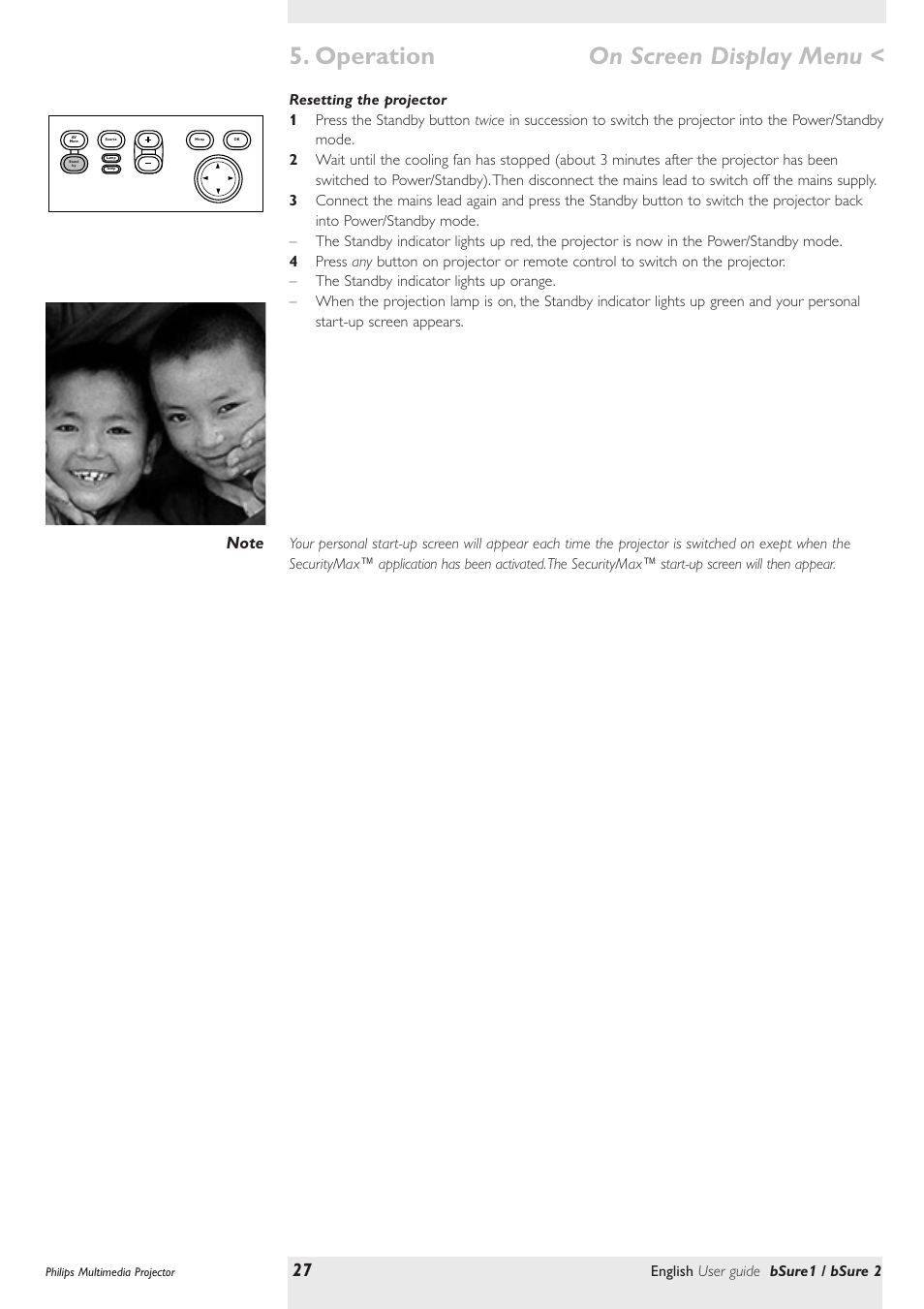 Resetting the projector, Operation on screen display menu, English user guide bsure1 / bsure 2 | Philips bSure XG1 LCD Projector User Manual | Page 27 / 34