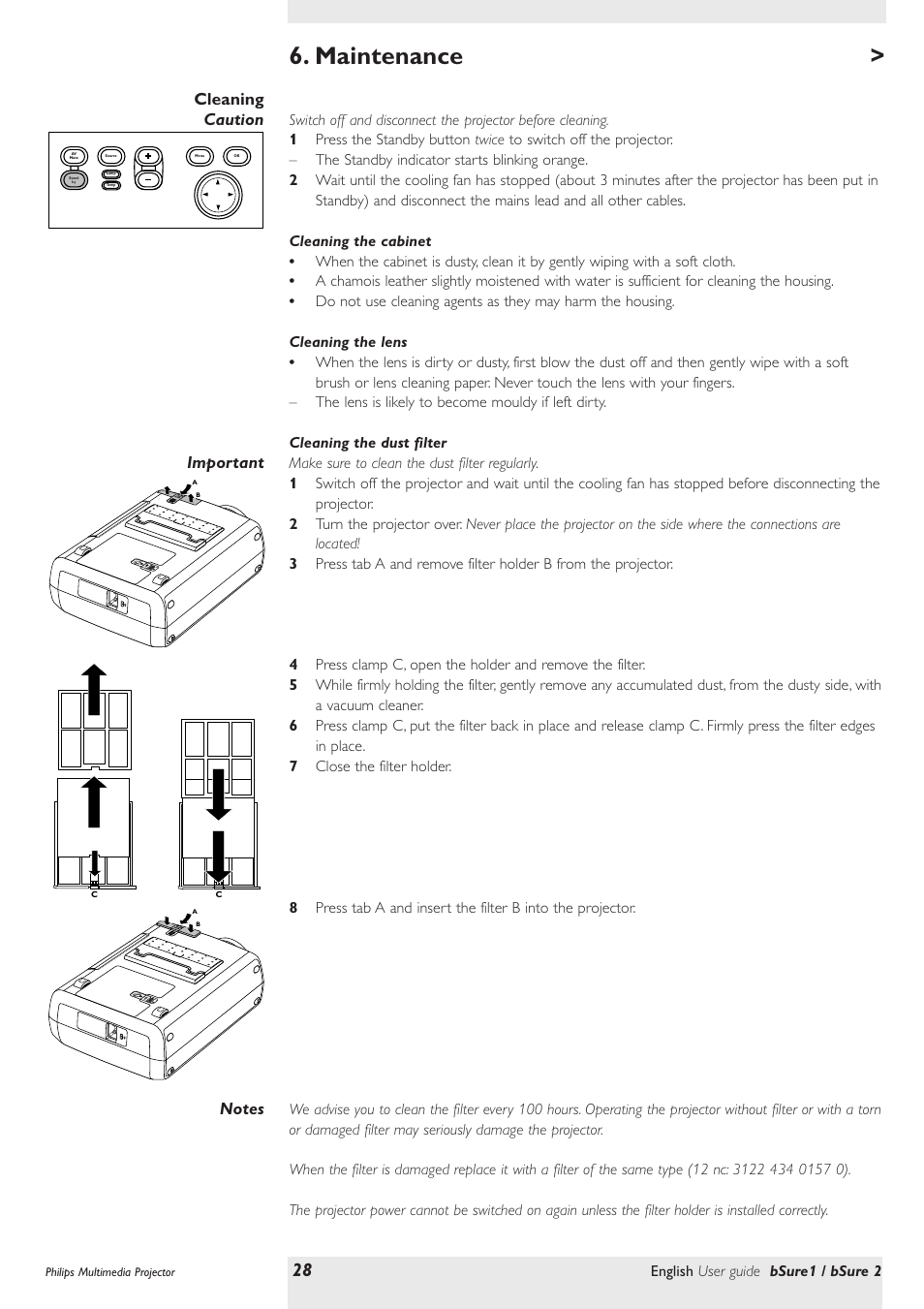 Maintenance, Cleaning, Cleaning the cabinet | Cleaning the lens, Cleaning the dust filter, English user guide bsure1 / bsure 2 | Philips bSure XG1 LCD Projector User Manual | Page 28 / 34