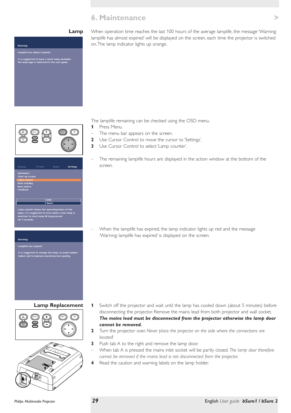 Lamp, Lamp replacement, Maintenance | Lamp lamp replacement, English user guide bsure1 / bsure 2 | Philips bSure XG1 LCD Projector User Manual | Page 29 / 34