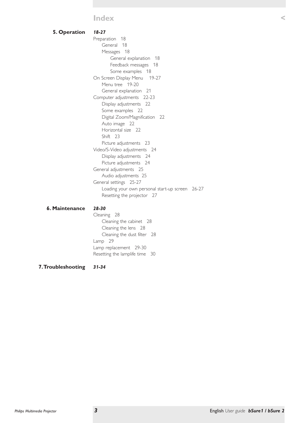 Index | Philips bSure XG1 LCD Projector User Manual | Page 3 / 34