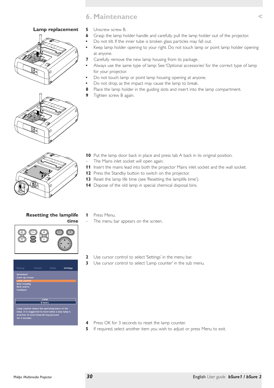 Resetting the lamplife time, Maintenance, Lamp replacement resetting the lamplife time | English user guide bsure1 / bsure 2 | Philips bSure XG1 LCD Projector User Manual | Page 30 / 34