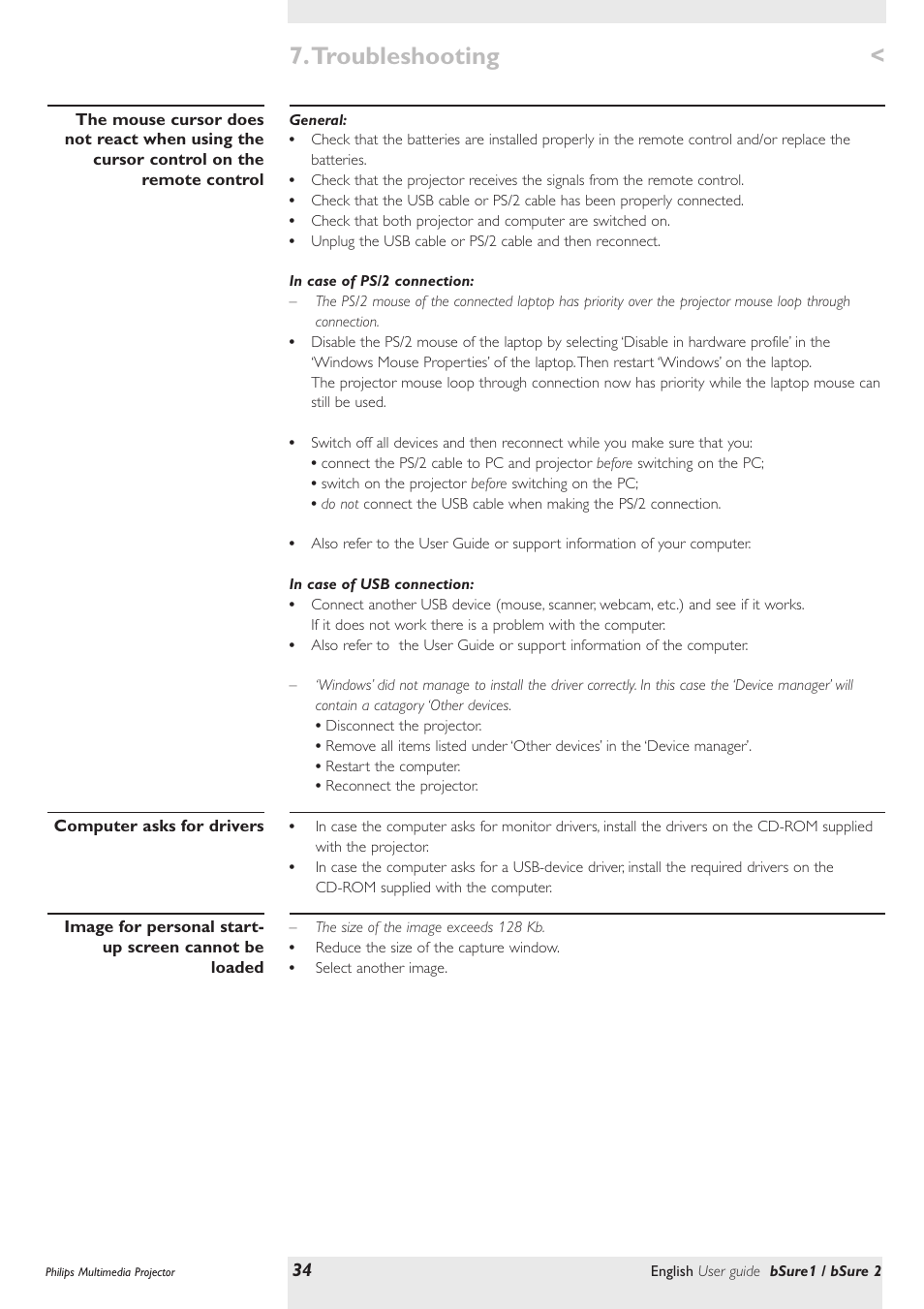 Troubleshooting | Philips bSure XG1 LCD Projector User Manual | Page 34 / 34