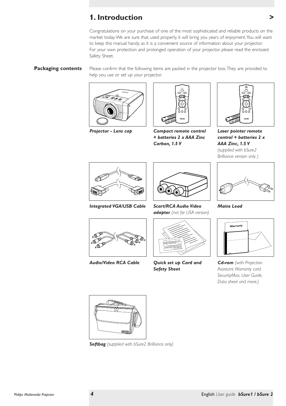 Introduction, Packaging contents | Philips bSure XG1 LCD Projector User Manual | Page 4 / 34