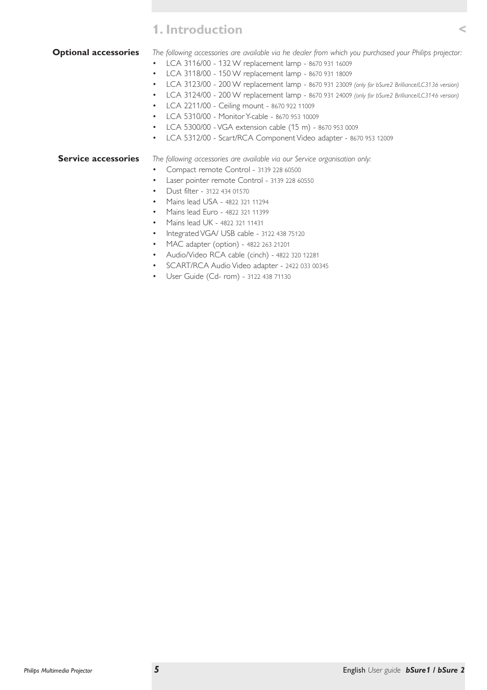 Optional accessories, Service accessories, Introduction | Philips bSure XG1 LCD Projector User Manual | Page 5 / 34