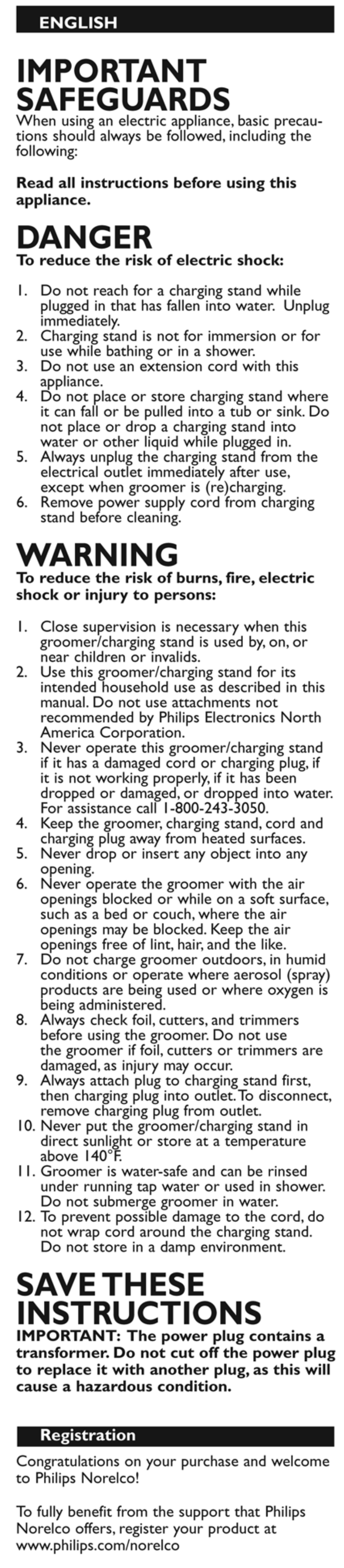 Important safeguards, Danger, Warning | Savethese instructions | Philips Norelco Ultimate bodygroomer BG2022 silver edition User Manual | Page 2 / 10