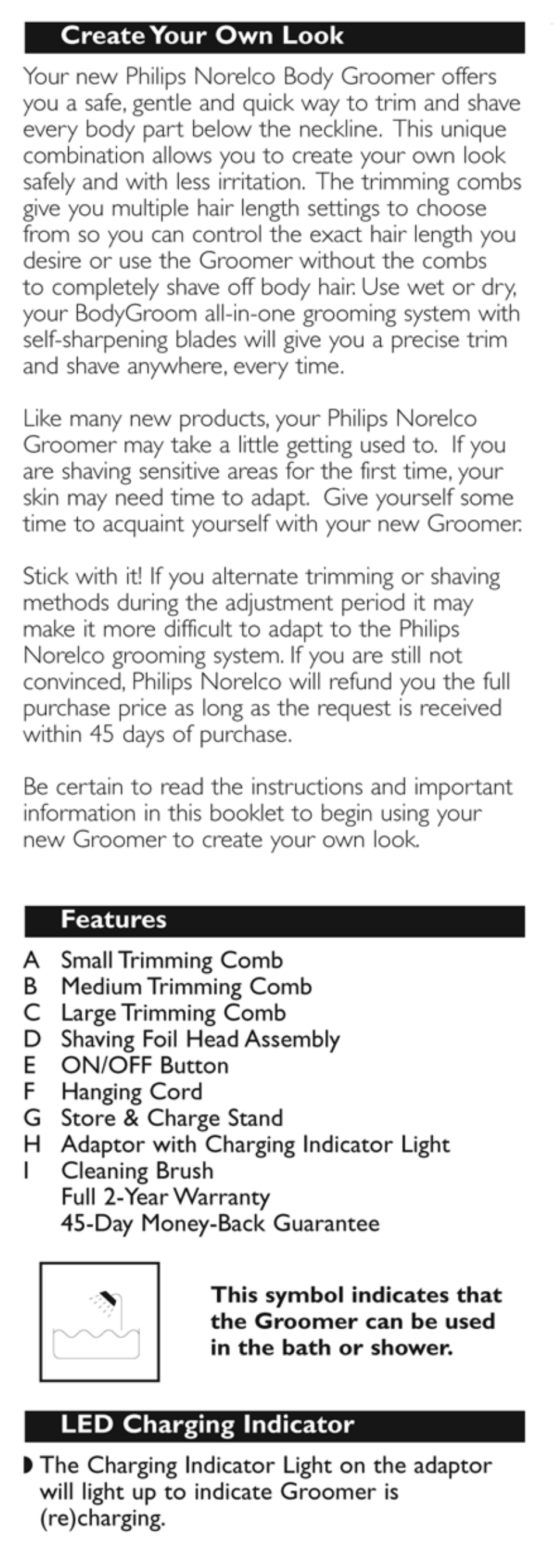 Features, Led charging indicator | Philips Norelco Ultimate bodygroomer BG2022 silver edition User Manual | Page 3 / 10