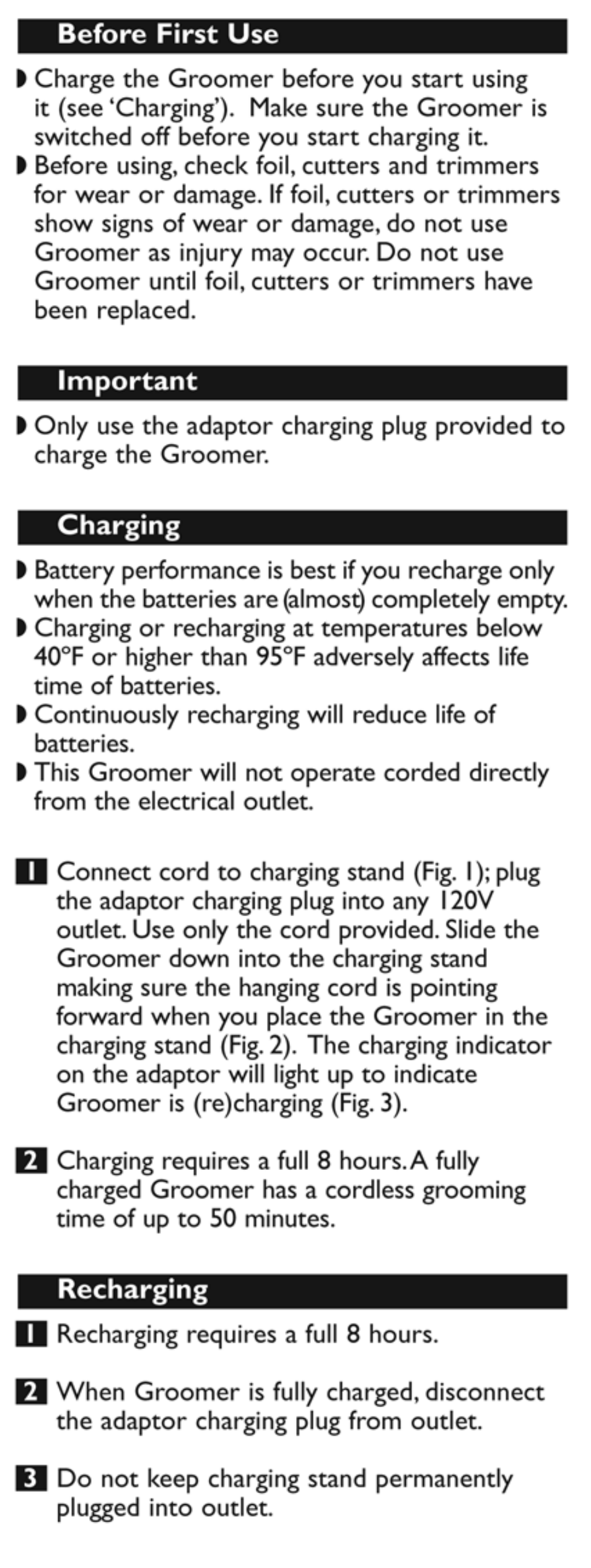 Important, Charging, Recharging | Philips Norelco Ultimate bodygroomer BG2022 silver edition User Manual | Page 4 / 10