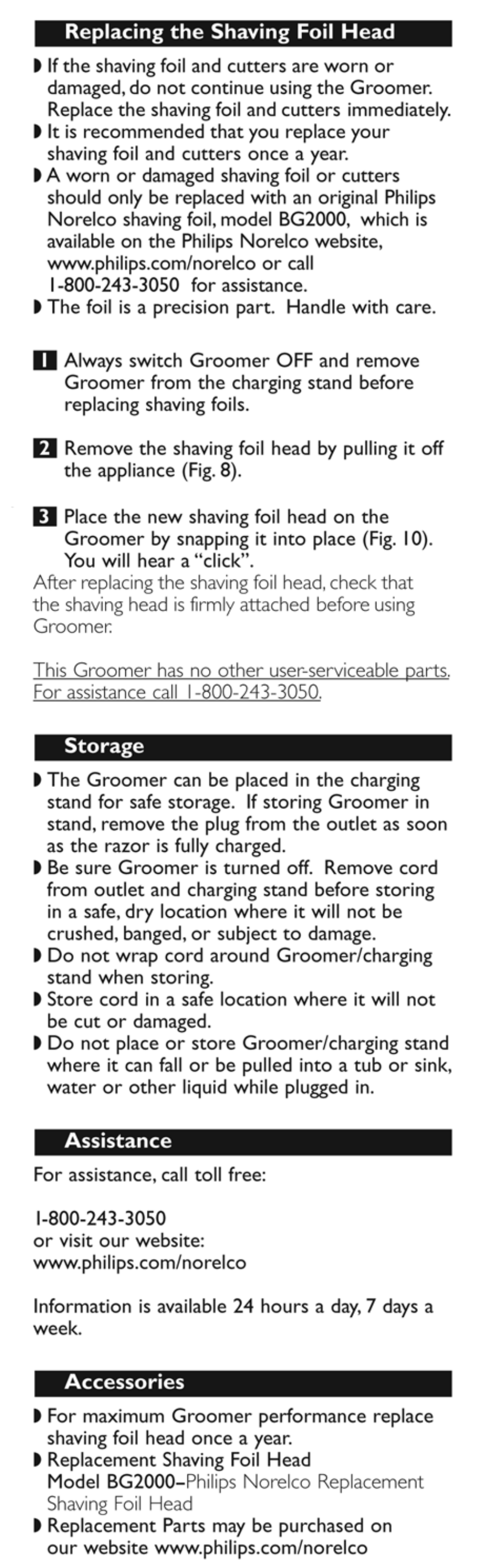 Storage, Assistance, Accessories | Philips Norelco Ultimate bodygroomer BG2022 silver edition User Manual | Page 9 / 10