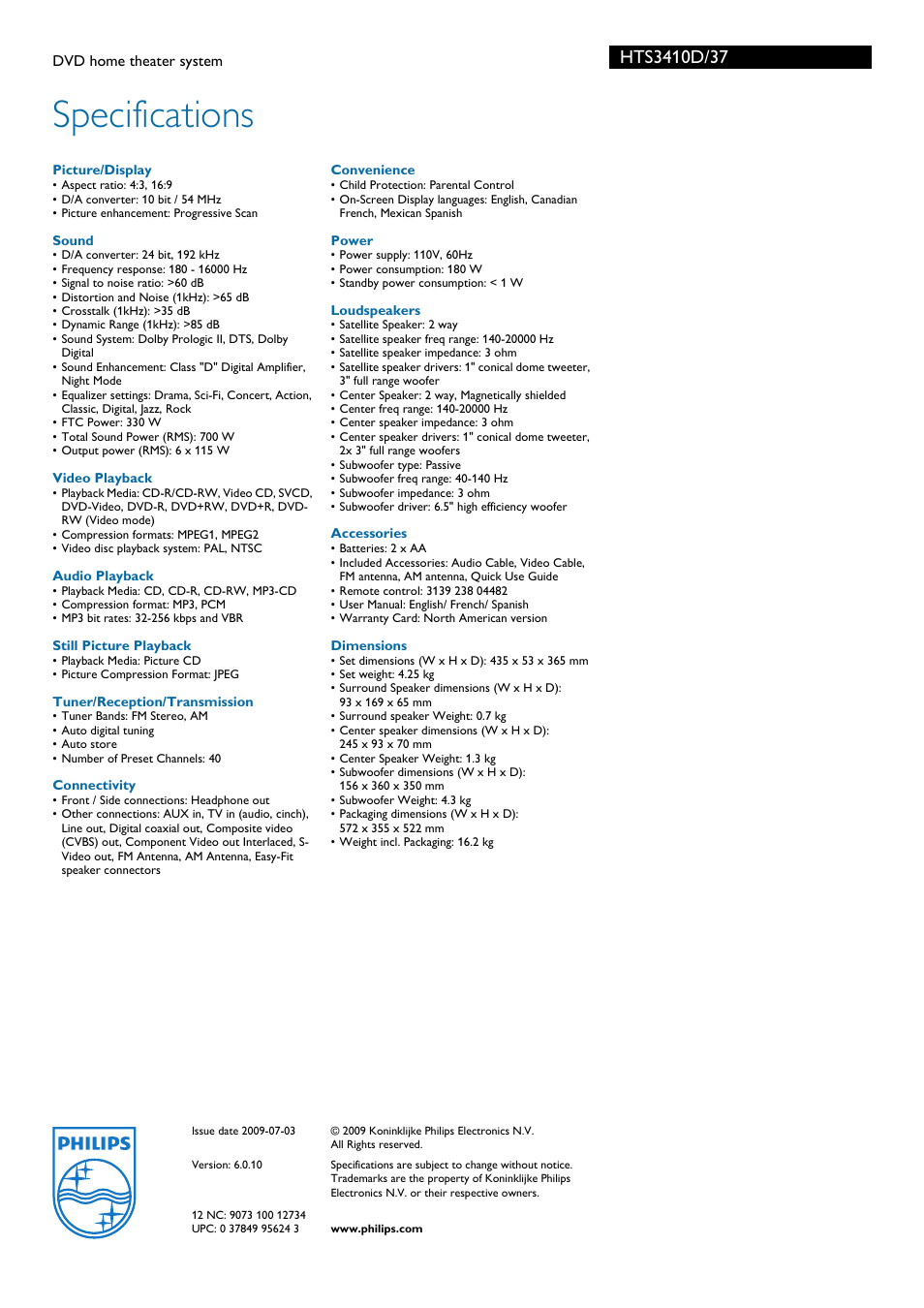 Specifications | Philips HTS3410D-37B User Manual | Page 3 / 3