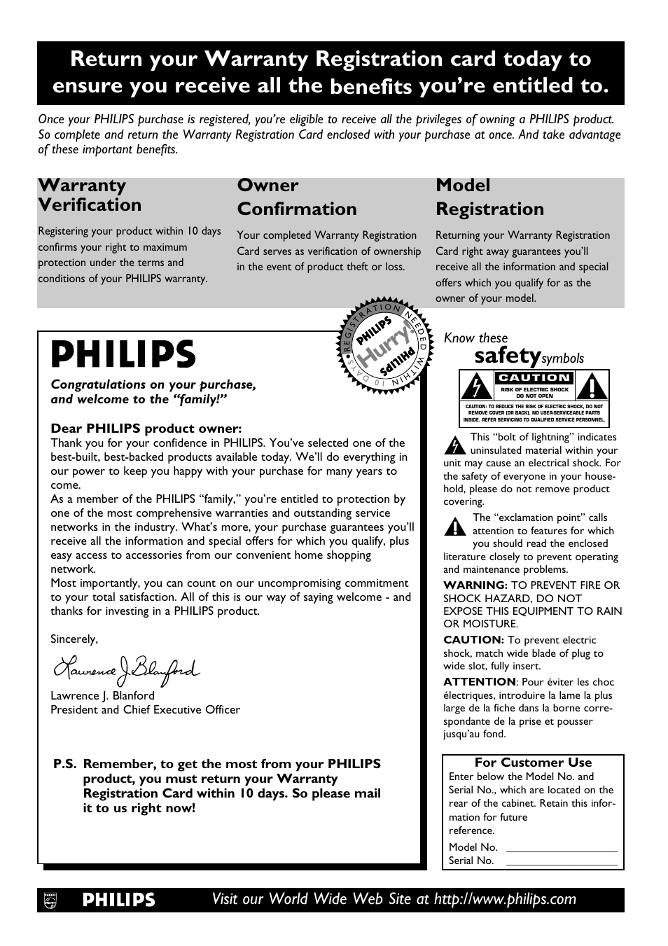 Safety, Hurry, Warranty verification | Owner confirmation, Model registration, Know these, Symbols | Philips DVD580MT User Manual | Page 2 / 48