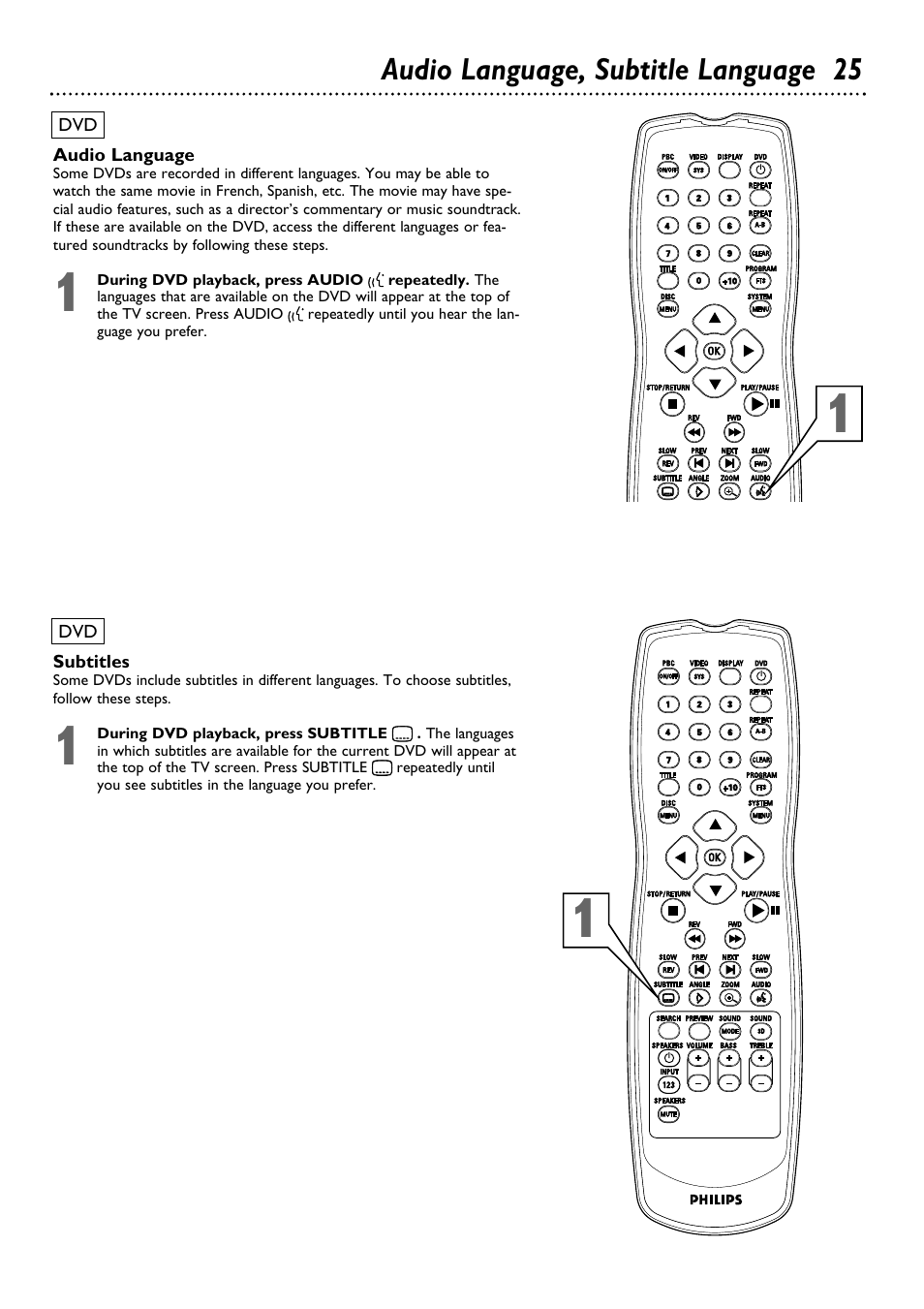 Audio language, subtitle language 25 | Philips DVD580MT User Manual | Page 25 / 48