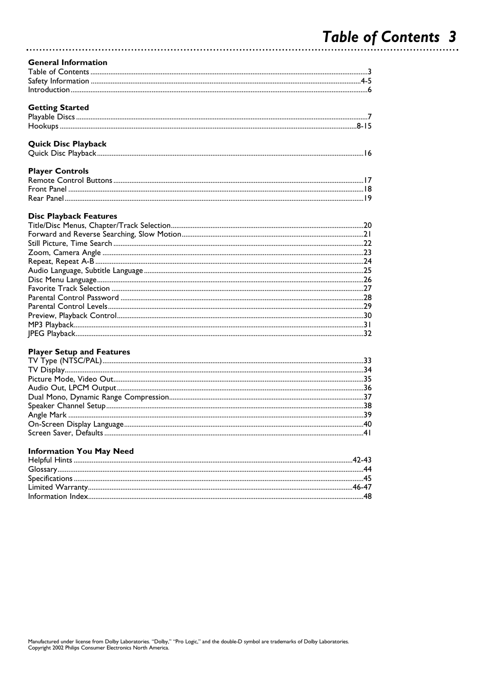 Table of contents 3 | Philips DVD580MT User Manual | Page 3 / 48