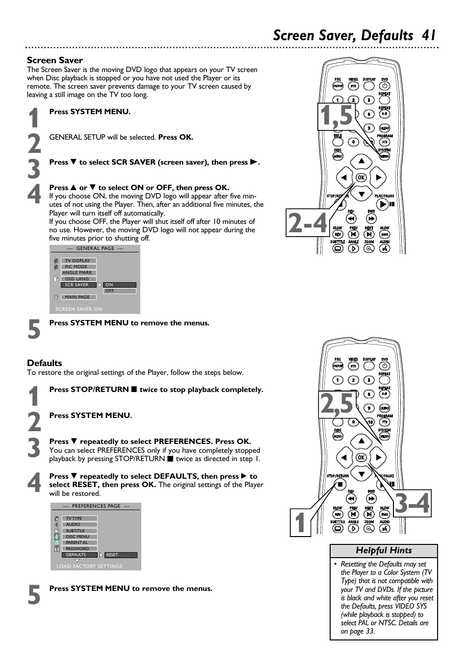 Screen saver, defaults 41 | Philips DVD580MT User Manual | Page 41 / 48