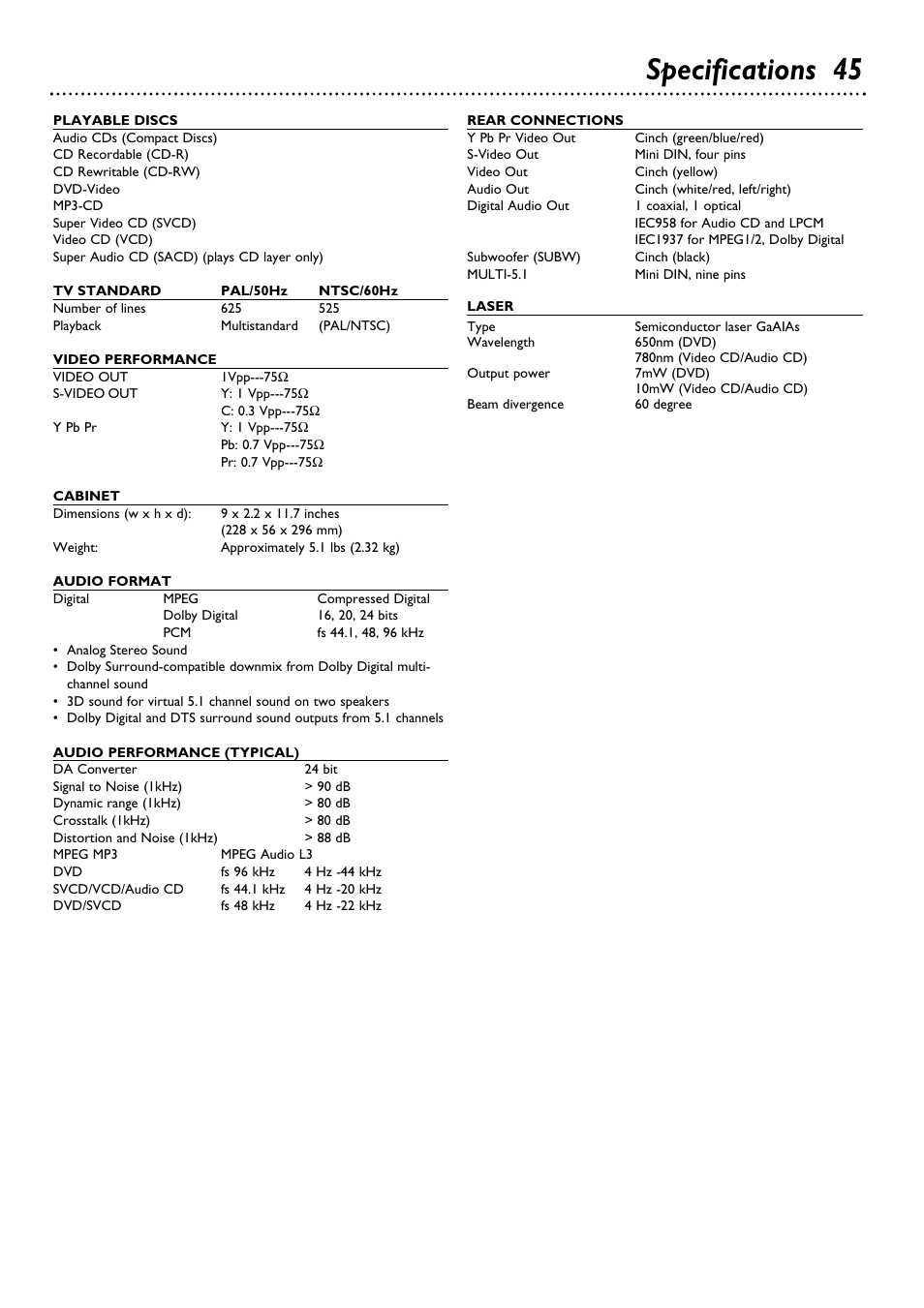 Specifications 45 | Philips DVD580MT User Manual | Page 45 / 48