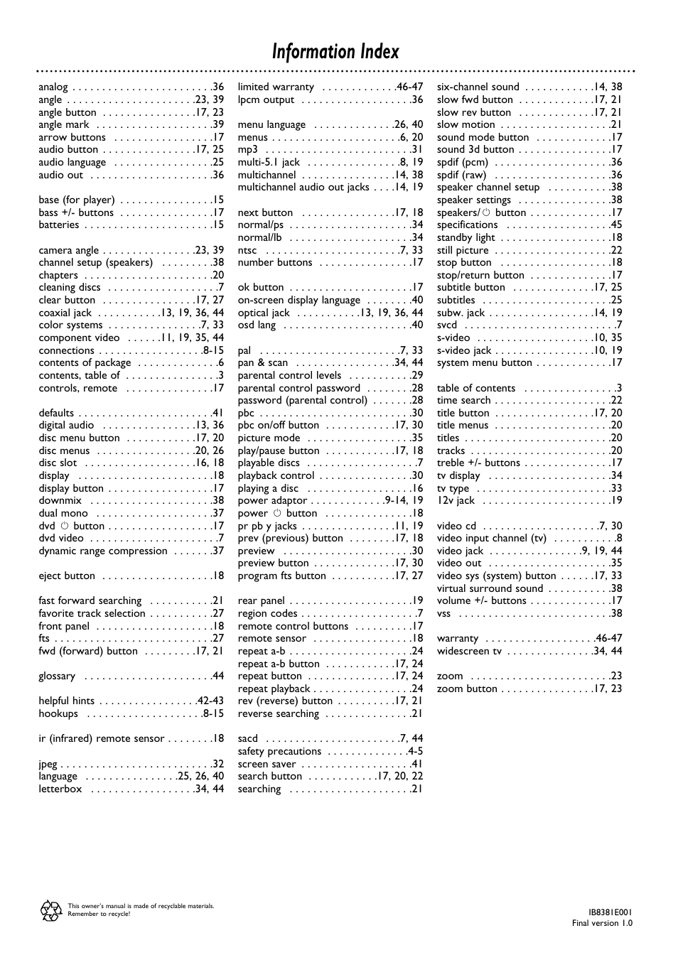 Information index | Philips DVD580MT User Manual | Page 48 / 48