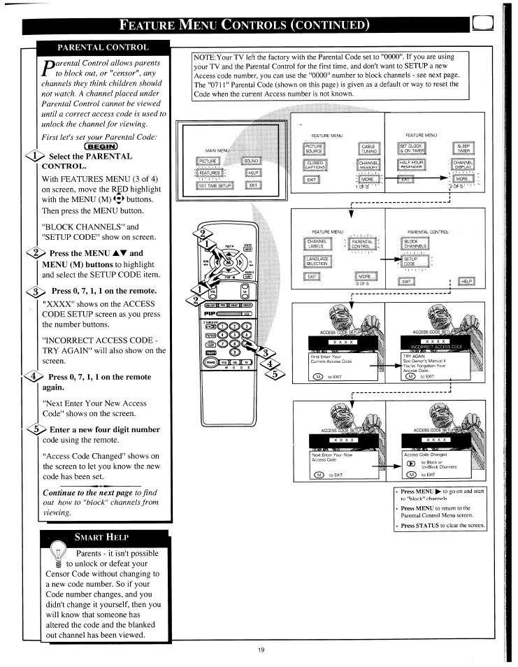 Parental control, Press 0, 7,1,1 on the remote, Press 0, 7,1,1 on the remote again | Enter a new four digit number, Eature, Ontrols, Continued | Philips 8P4841C199 User Manual | Page 19 / 54