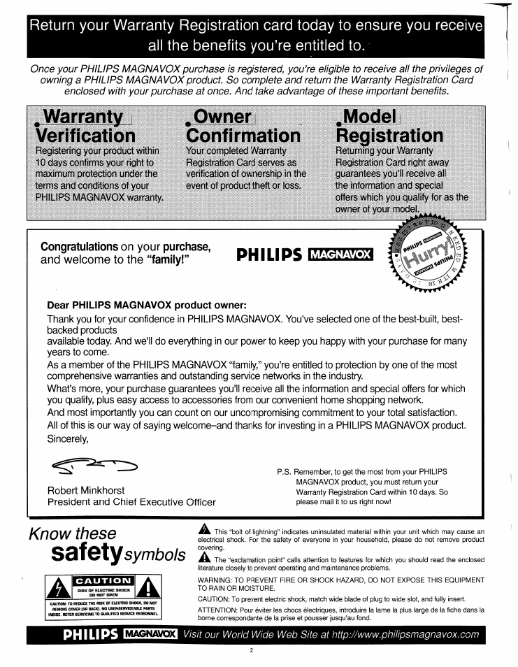 Warranty i verification, Owrier i confirmation, Model i registration | Know these sqîqxy symbols, Philips | Philips 8P4841C199 User Manual | Page 2 / 54