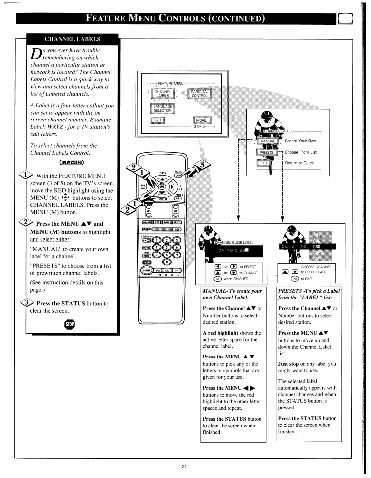 Channel labels, Eature, Ontrols | Continued | Philips 8P4841C199 User Manual | Page 21 / 54