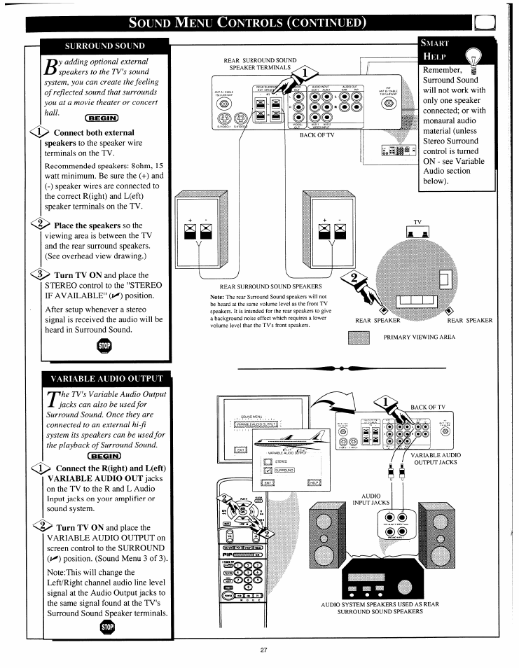 Surround sound, Place the speakers so the, Variable audio output | Variable audio output control, Ound, Ontrols, Continued | Philips 8P4841C199 User Manual | Page 27 / 54