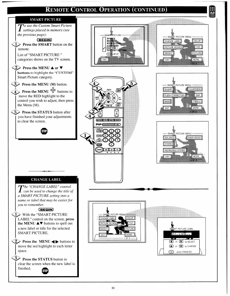 Smart picture, Change label, Emote | Ontrol, Peration, Continued | Philips 8P4841C199 User Manual | Page 33 / 54