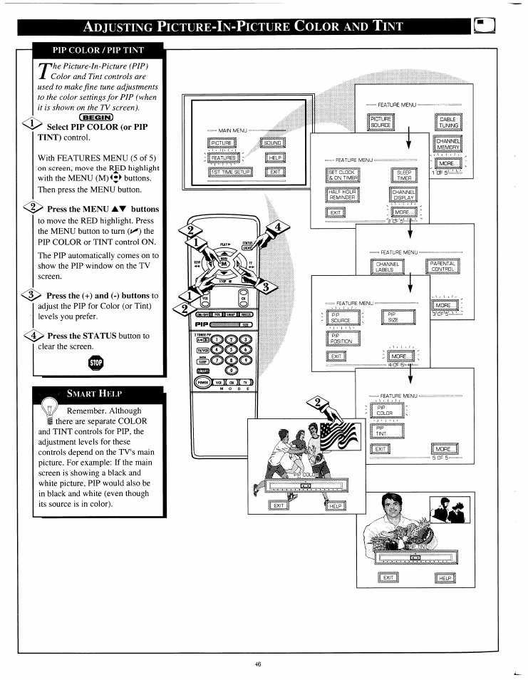 Adjusting picture-in-picture color and tint, Pip color/pip tint | Philips 8P4841C199 User Manual | Page 46 / 54