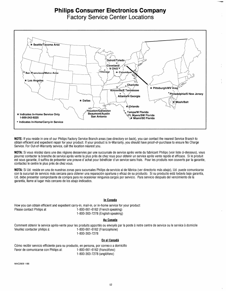 Philips consumer electronics company, Factory service center locations | Philips 8P4841C199 User Manual | Page 52 / 54