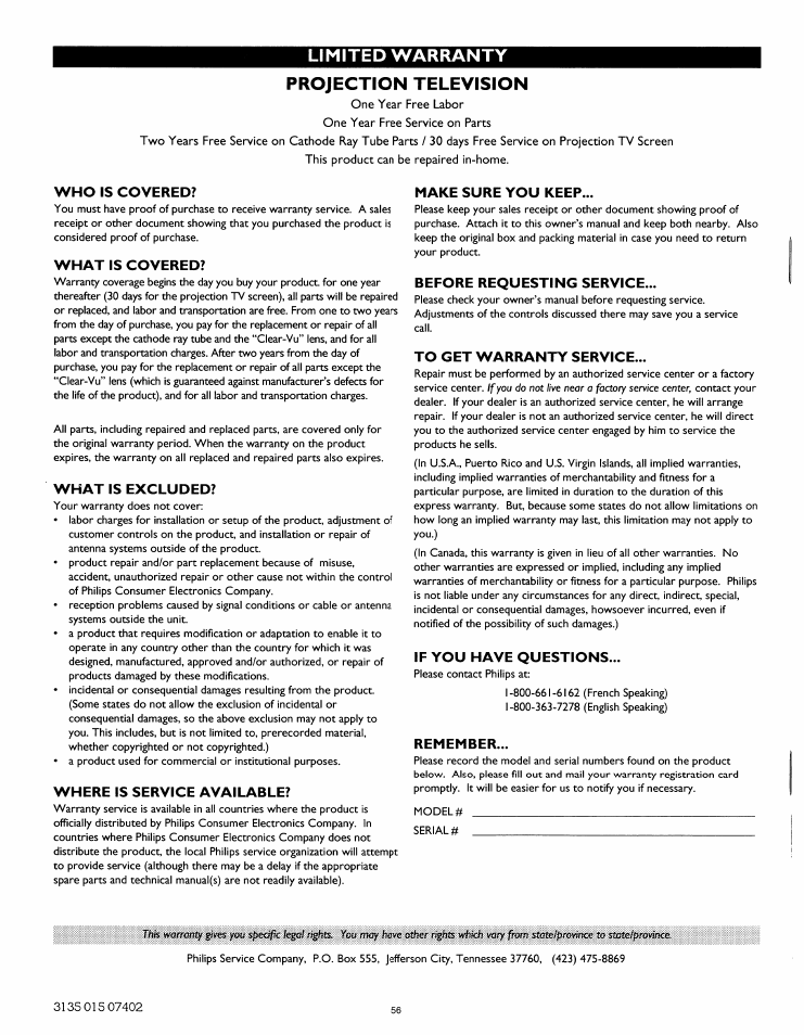 Who is covered, What is covered, What is excluded | Where is service available, Make sure you keep, Before requesting service, To get warranty service, If you have questions, Remember, Limited warranty projection television | Philips 8P4841C199 User Manual | Page 54 / 54