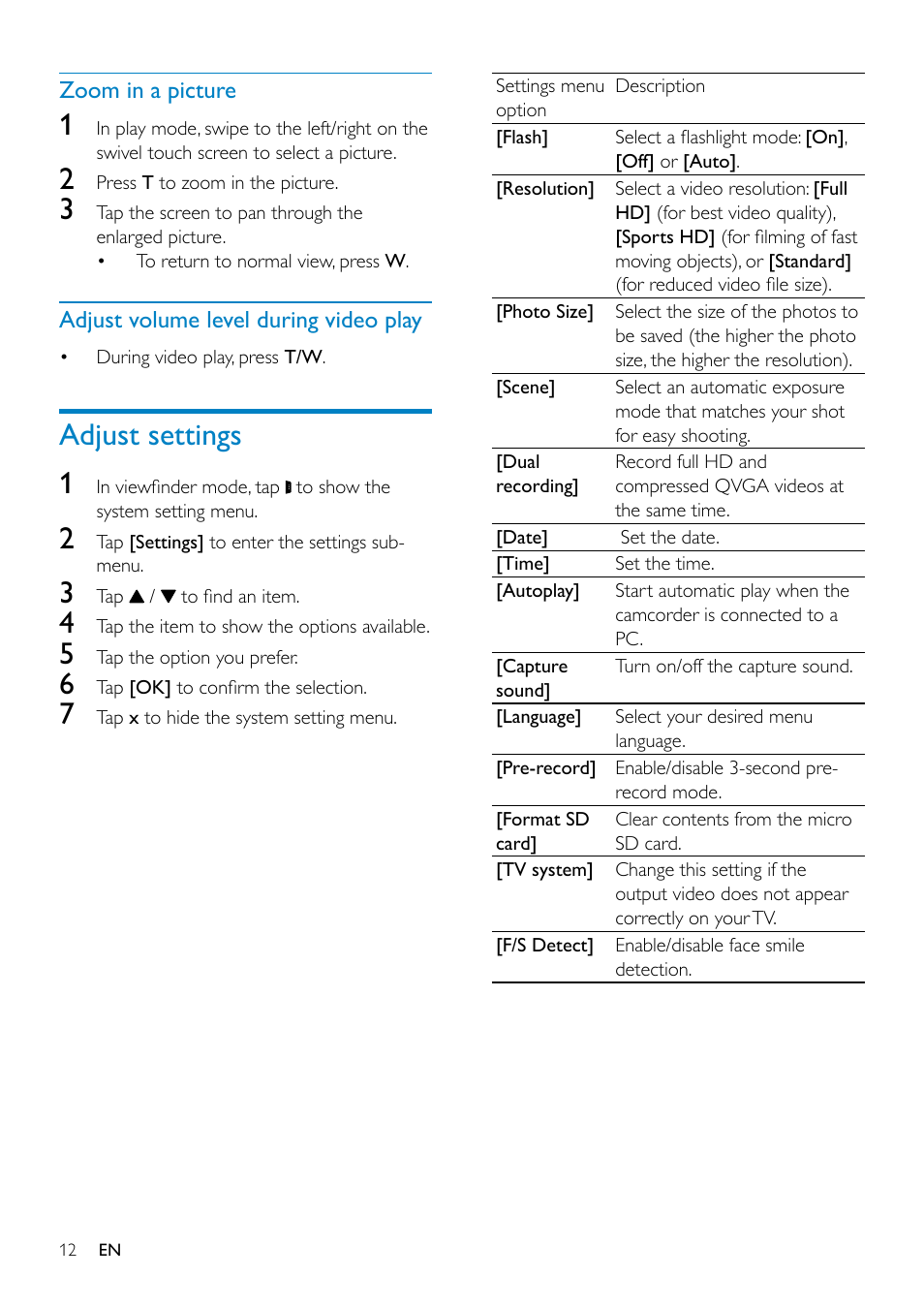 Adjust settings, Adjust settings 1 | Philips HD camcorder CAM295WH User Manual | Page 12 / 19