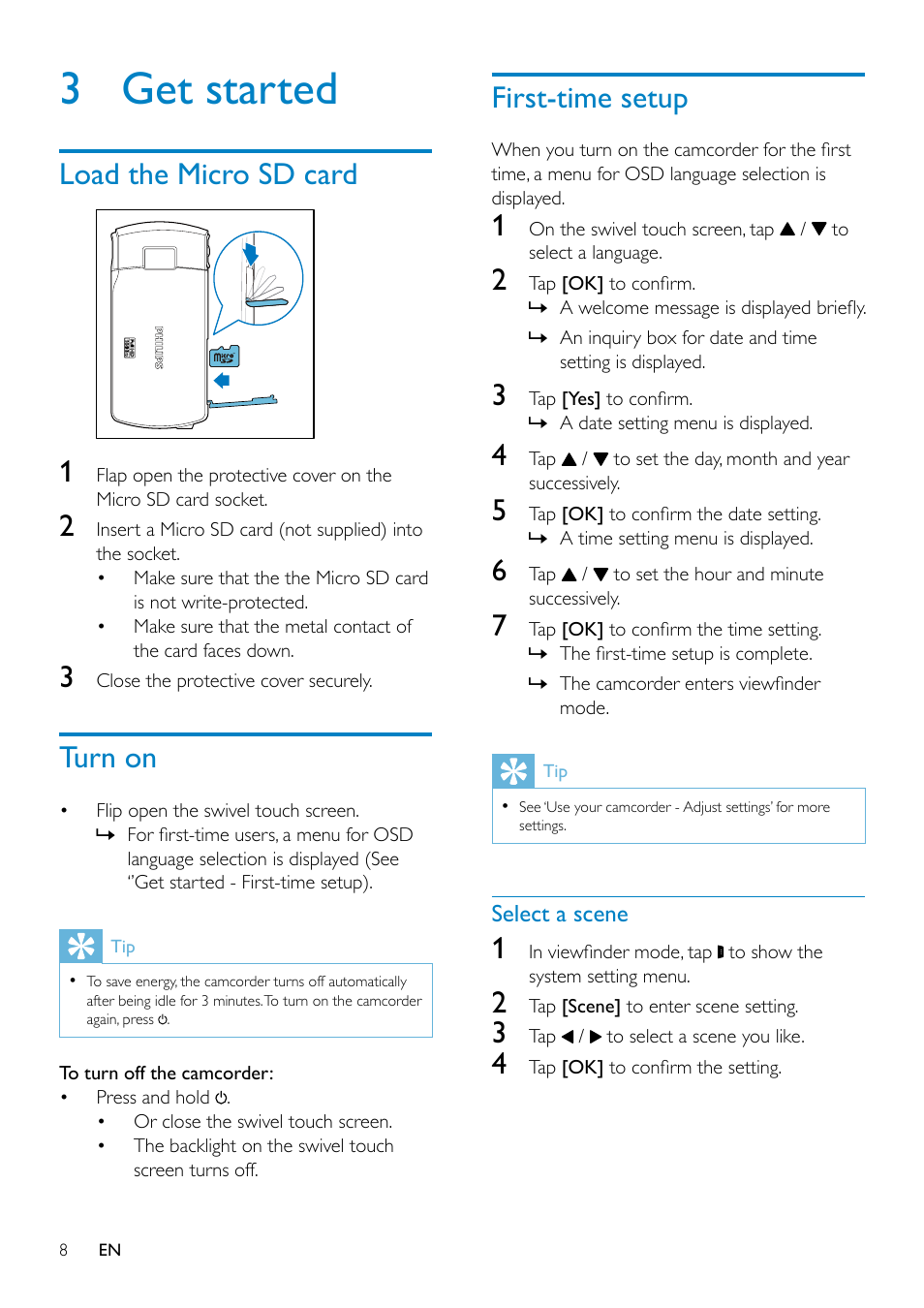 3 get started, Load the micro sd card, Turn on | First-time setup, 3 get started 8 | Philips HD camcorder CAM295WH User Manual | Page 8 / 19