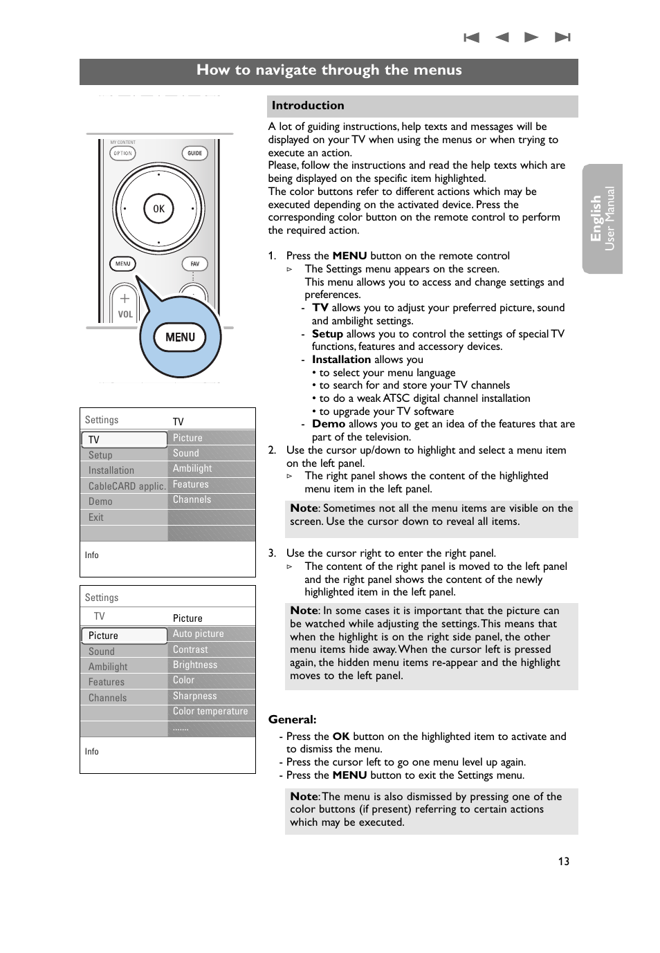 How to navigate through the menus, English, User man ual | Philips 50PF9731D-37 User Manual | Page 15 / 68