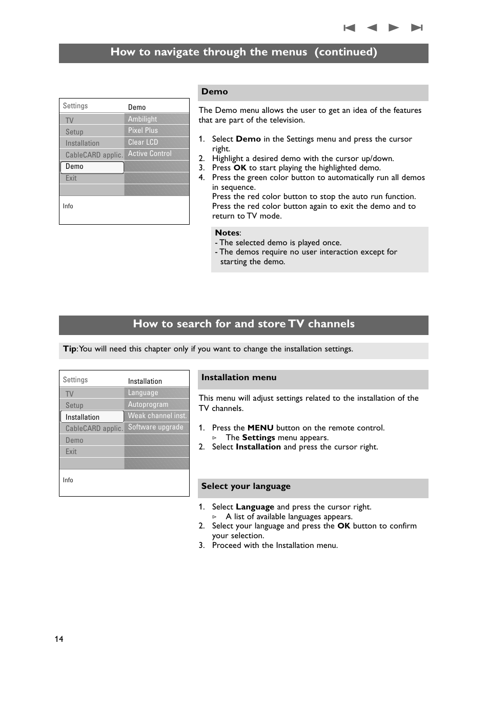 How to search for and store tv channels, How to navigate through the menus (continued) | Philips 50PF9731D-37 User Manual | Page 16 / 68