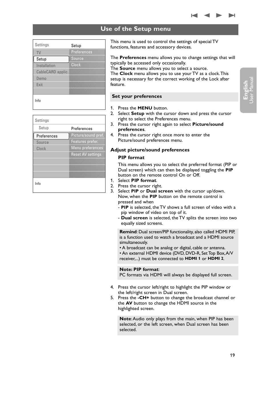 Use of the setup menu, English | Philips 50PF9731D-37 User Manual | Page 21 / 68