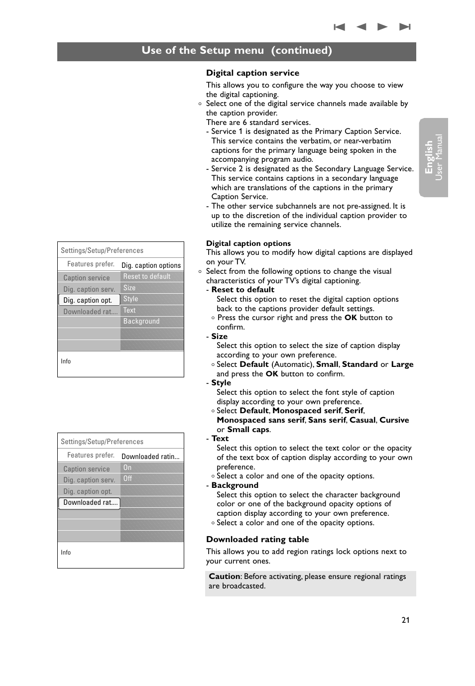Use of the setup menu (continued), English | Philips 50PF9731D-37 User Manual | Page 23 / 68