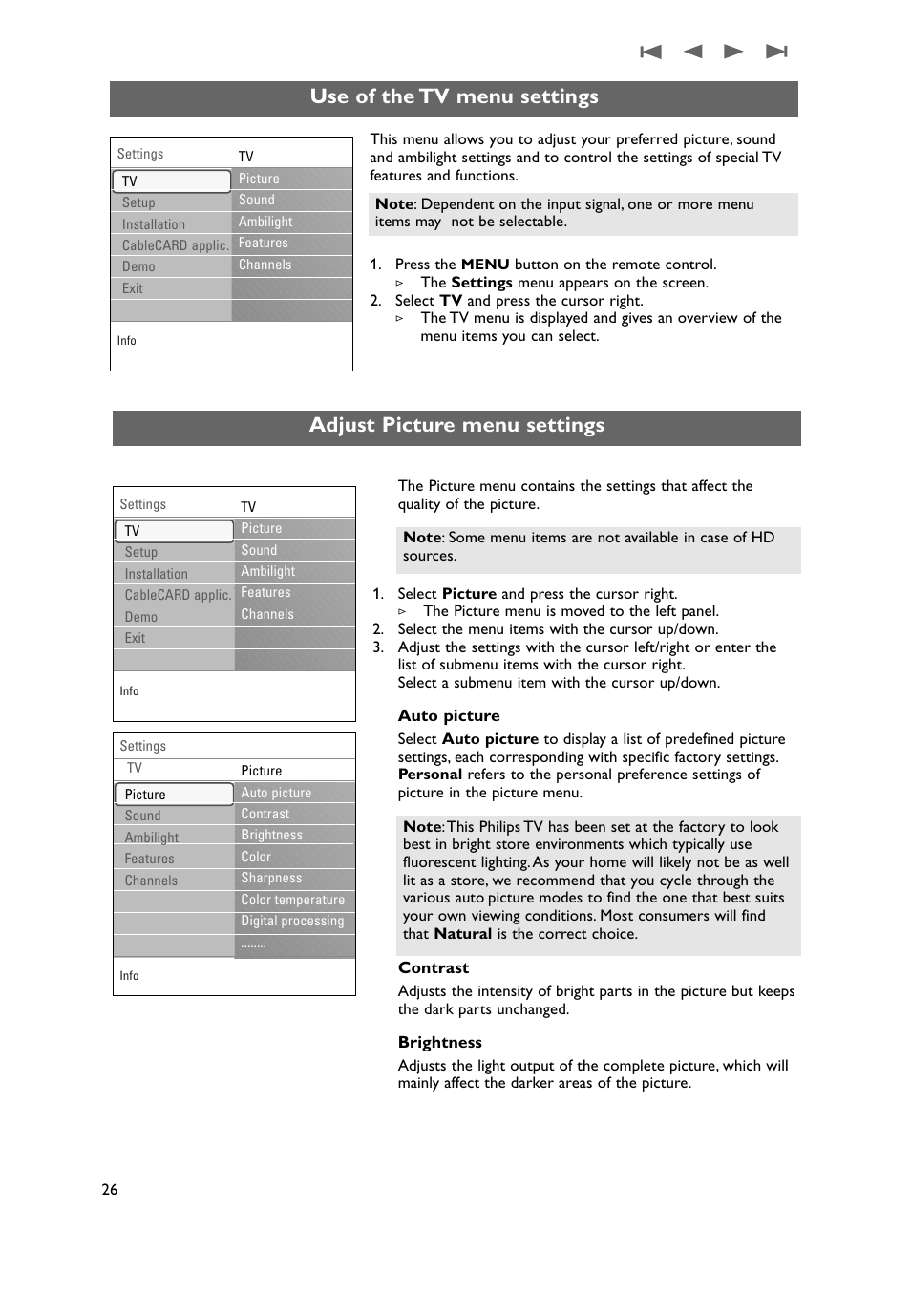 Adjust picture menu settings, Use of the tv menu settings | Philips 50PF9731D-37 User Manual | Page 28 / 68